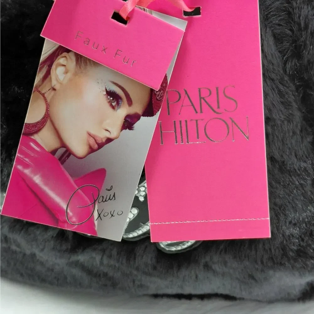 Paris Hilton Handbag Black Faux Fur Rhinestone Logo Baguette Y2K Festival Purse